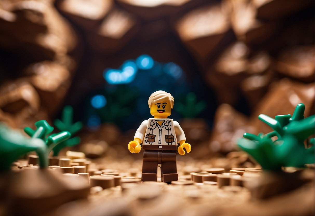 A character collects cave wood in Lego Fortnite by navigating through different levels and biomes
