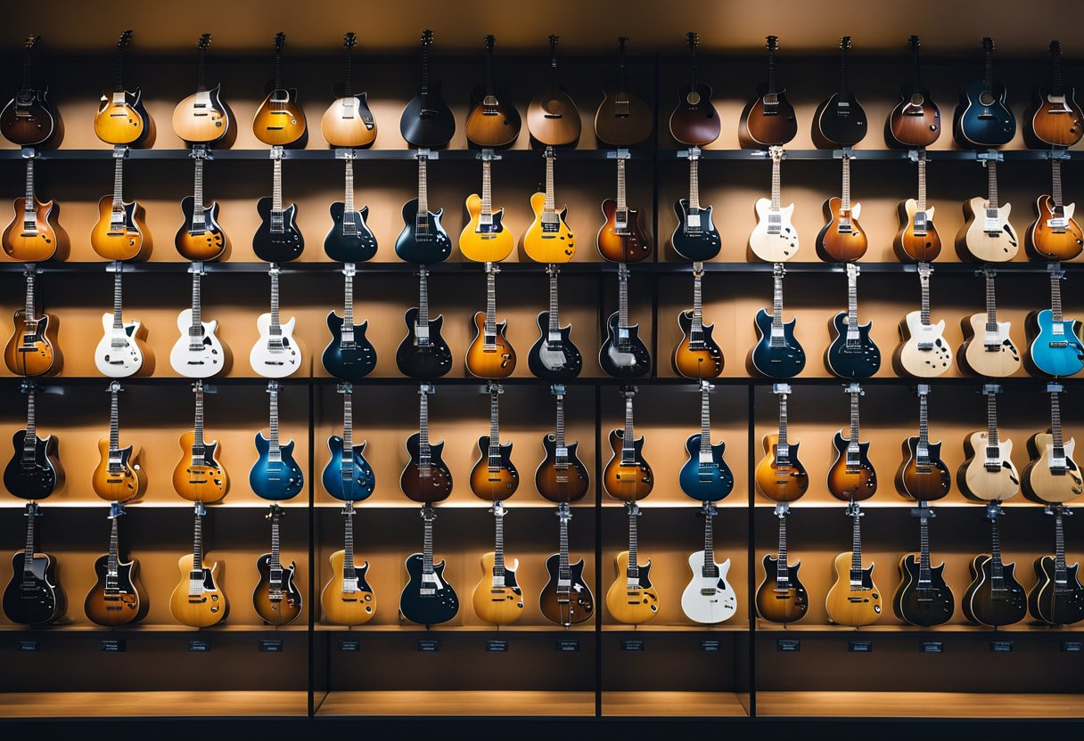 A collection of world-renowned guitar brands displayed on a sleek, modern showroom shelf