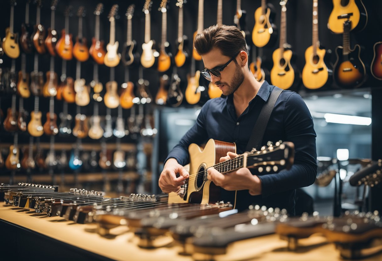 A person carefully examines different guitar brands, comparing features and prices to choose the right one