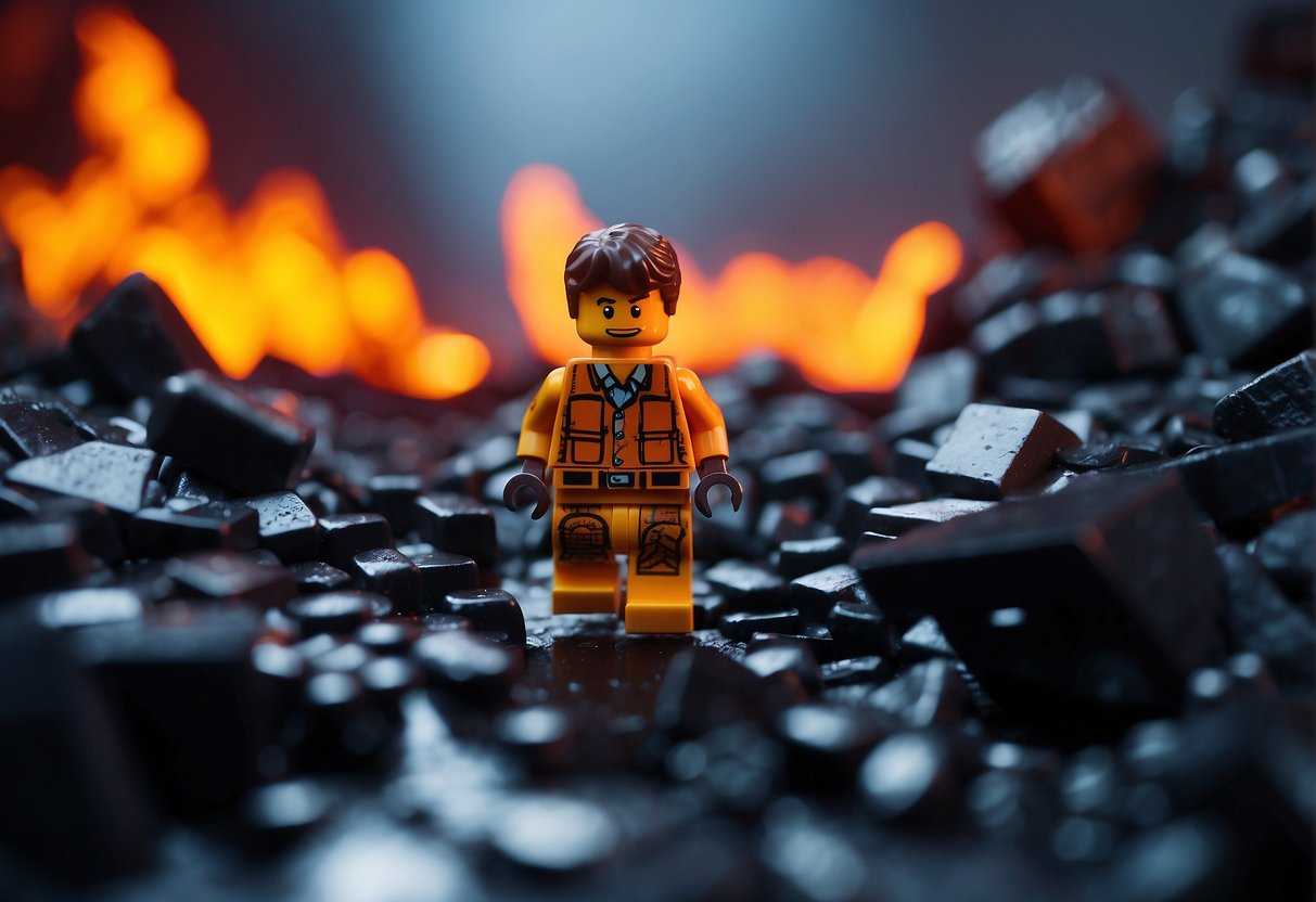A figure navigates through fiery lava caves in a Lego Fortnite world