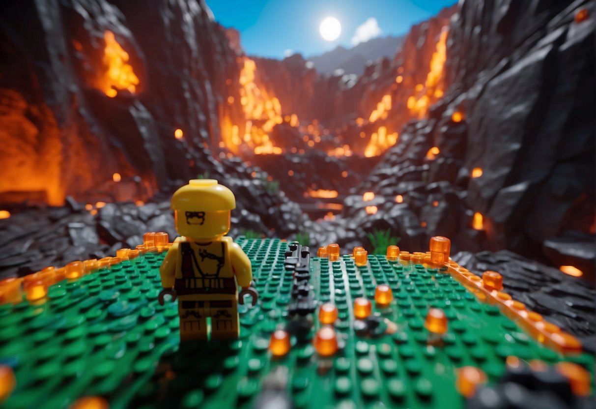 A character traverses the Overworld Map, passing through lava caves in a Lego Fortnite world