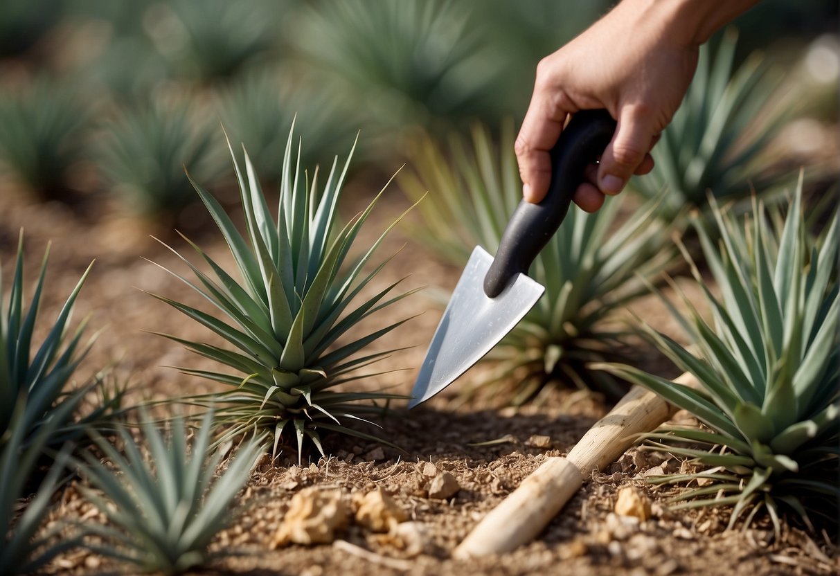 Two yucca plants being divided with a sharp garden tool