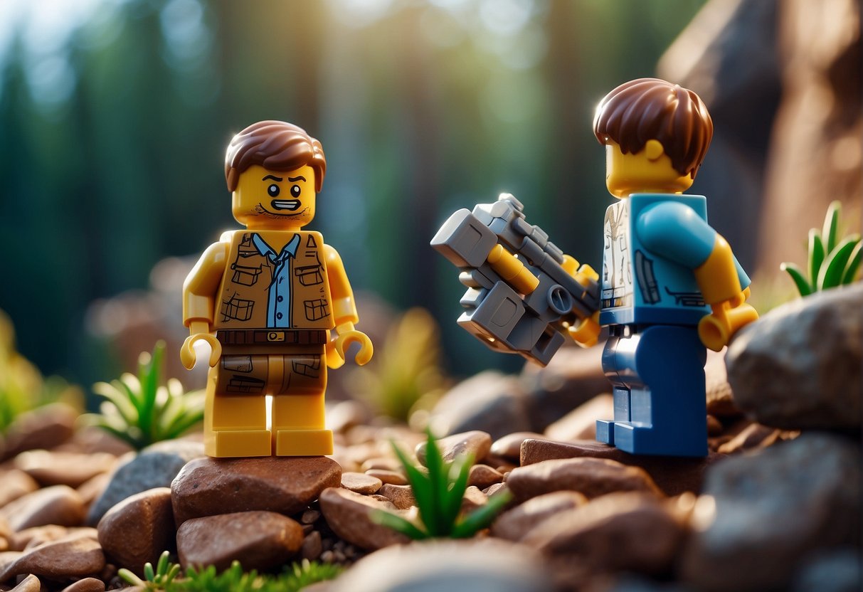 A character searches through a Lego Fortnite world, scanning the landscape for granite. The terrain is rugged and rocky, with scattered patches of the sought-after material