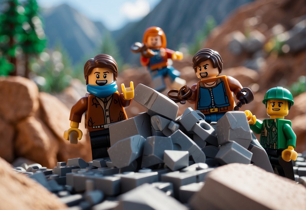 A rocky mountain with granite veins, surrounded by mining tools and crafting stations. Lego Fortnite characters gather granite blocks