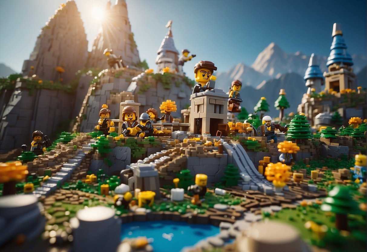 A towering fortress of Lego blocks, with miners extracting granite from a mountain, surrounded by the vibrant world of Fortnite