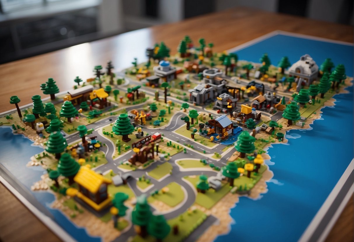 An aerial view of the expansive Lego Fortnite map, showcasing its size and intricate details