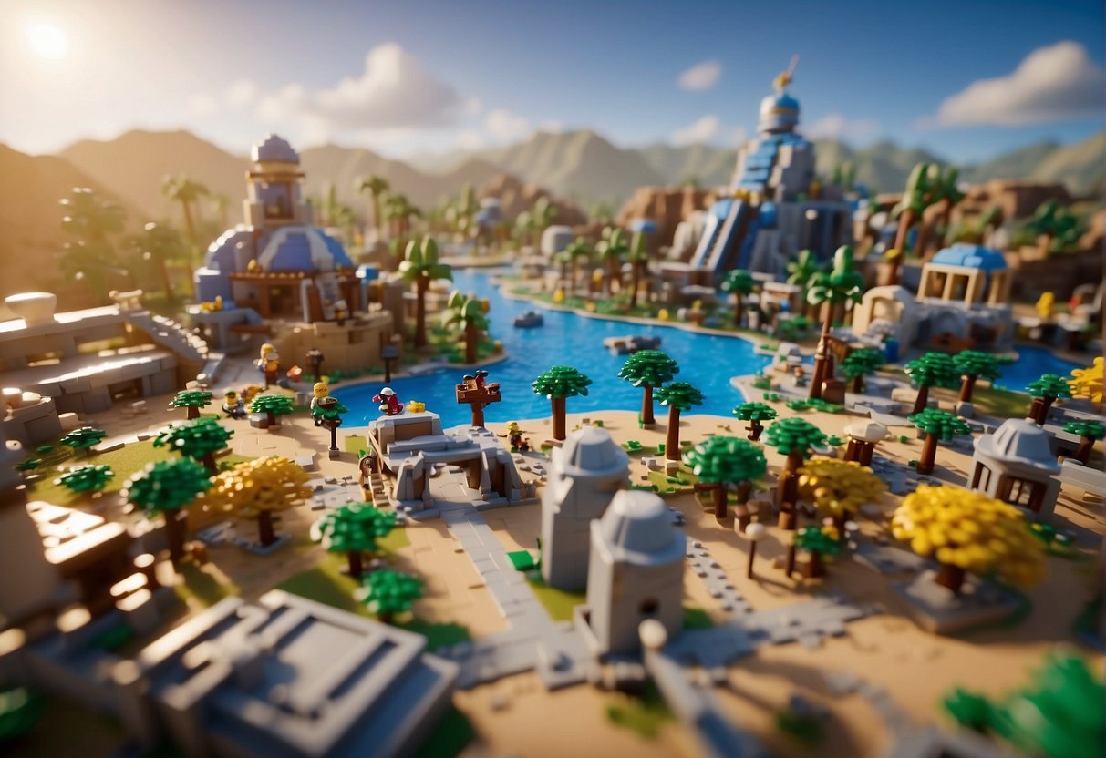 The LEGO Fortnite map is vast, spanning across multiple terrains and featuring various iconic landmarks and structures