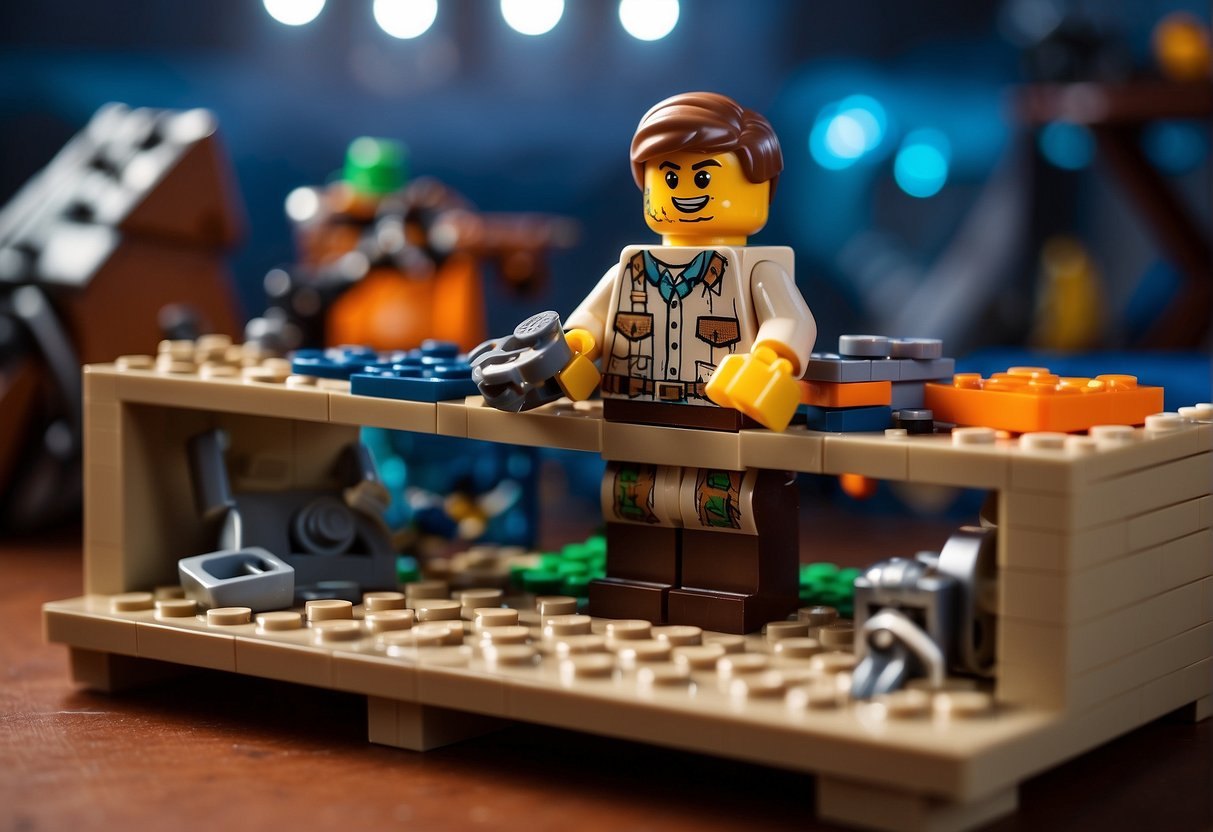 A lego character constructs a crafting bench in a Fortnite-themed setting, adding upgrades and enhancements to their workstation