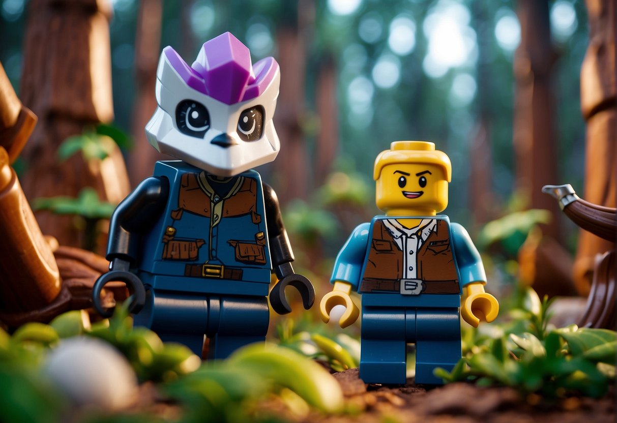 The Lego Fortnite scene shows characters gathering rootwood in a vibrant, blocky forest setting
