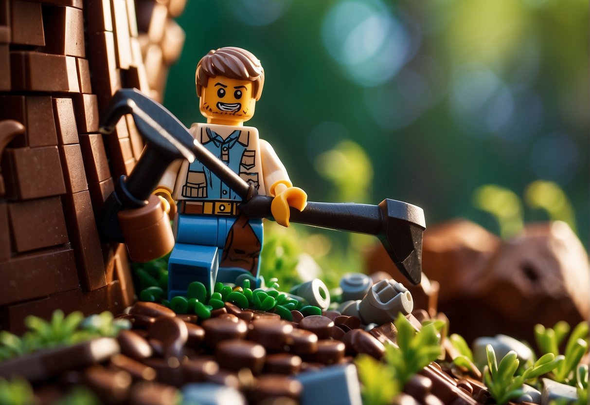 A character using a pickaxe to gather rootwood from a large tree in the Lego Fortnite world