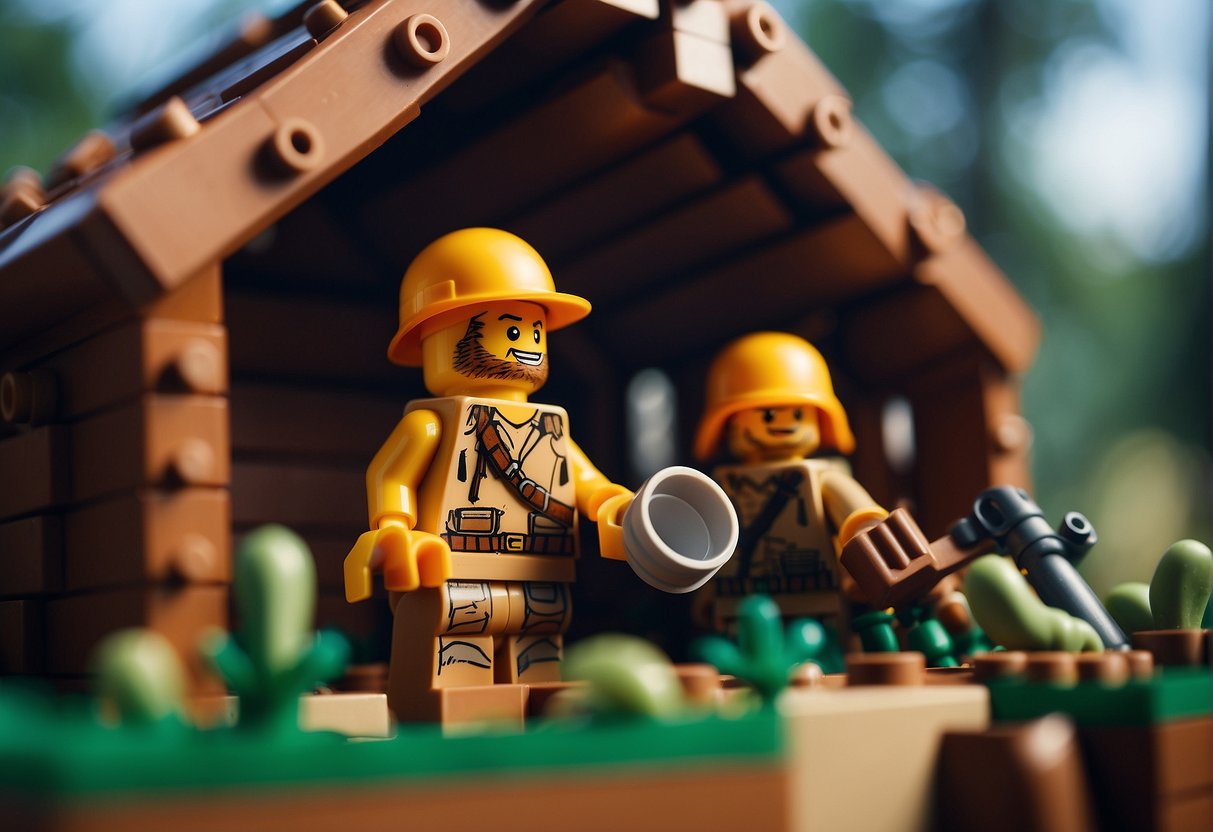 Characters building shelter with rootwood in Lego Fortnite