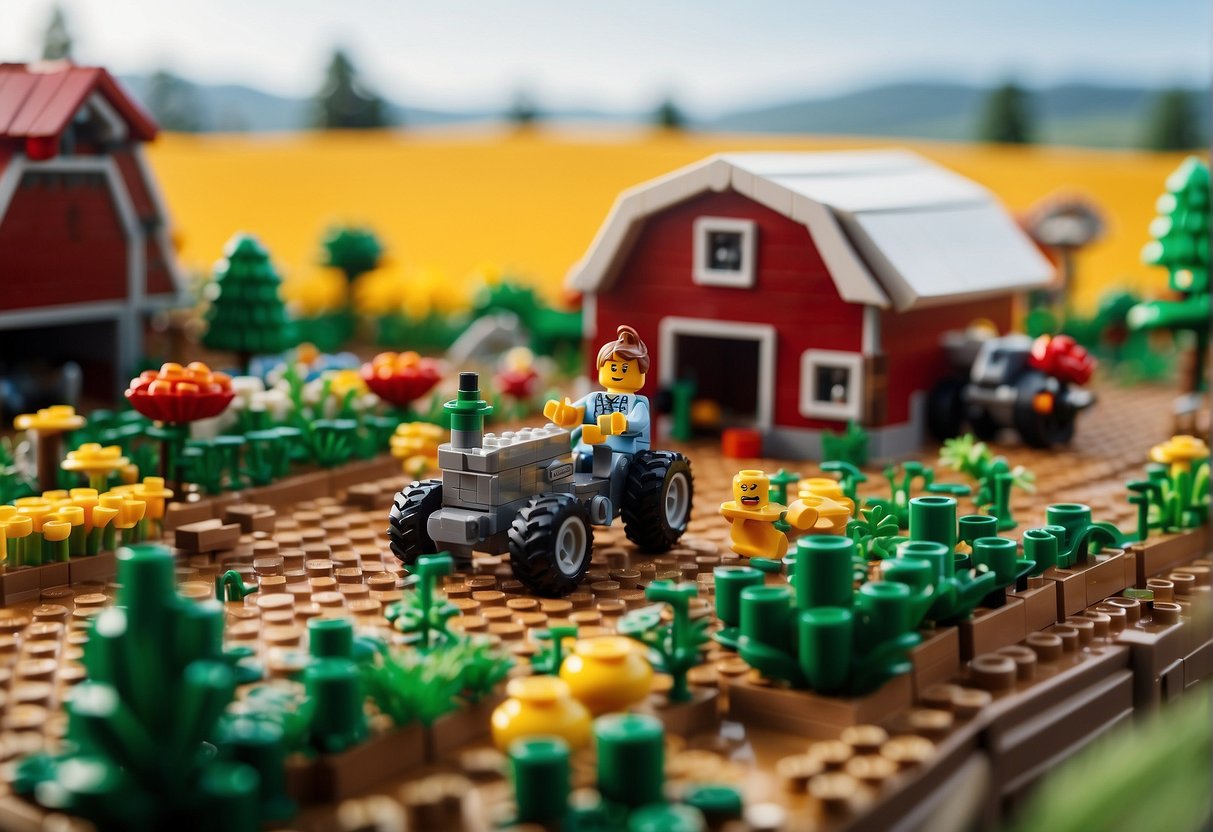 A Lego farm with crops, animals, and a barn set in a Fortnite-themed landscape