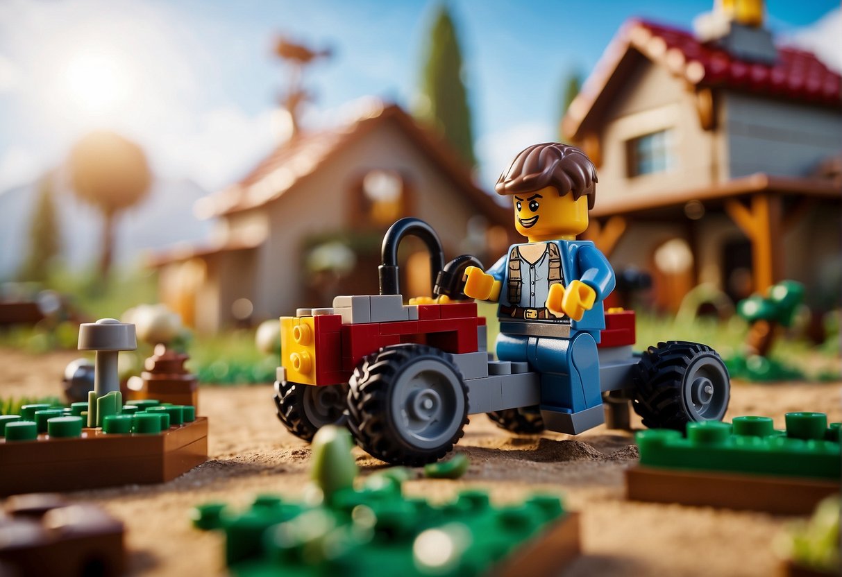 A Lego farm in Fortnite with fields, animals, and farming equipment