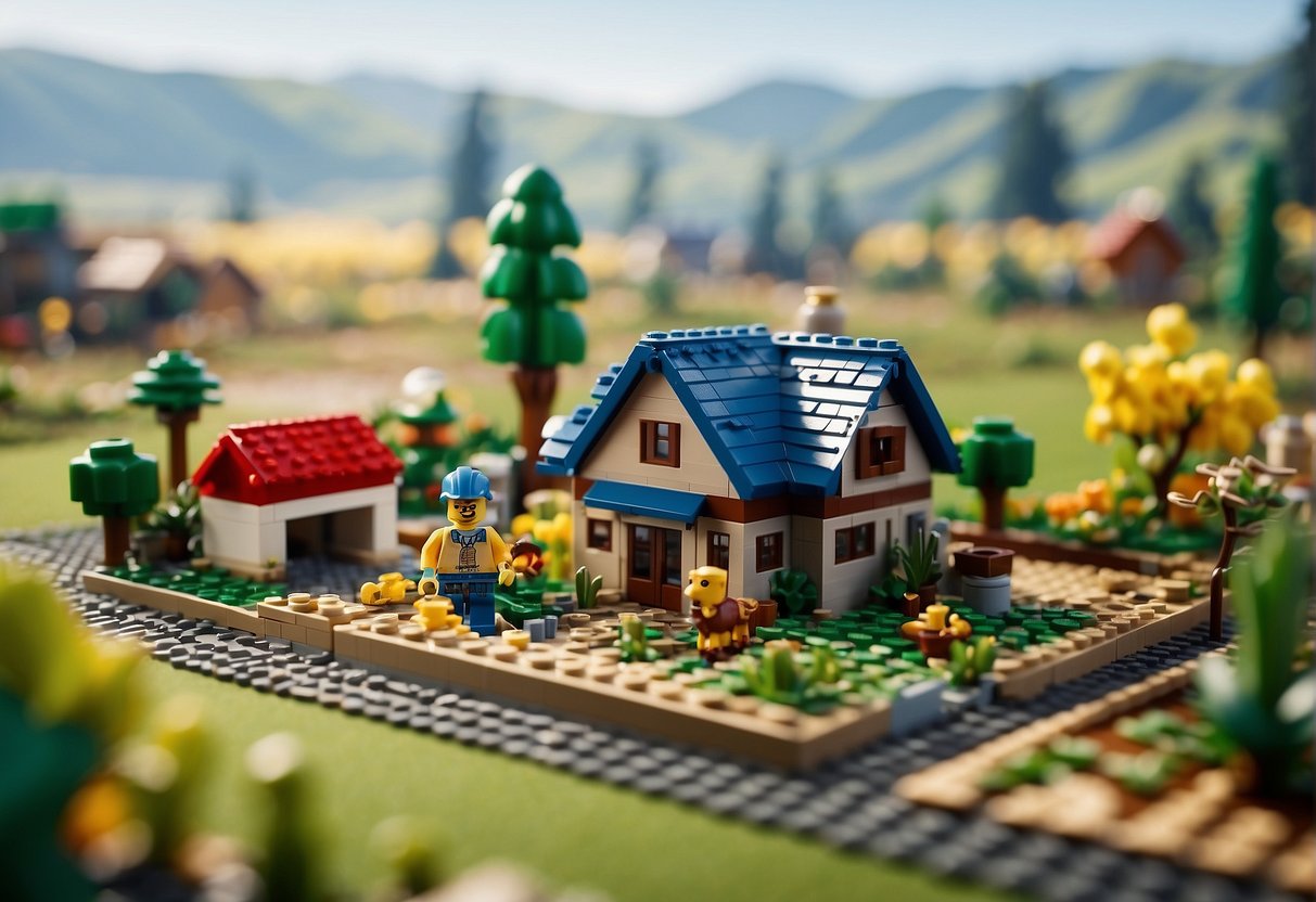 A Lego farm in a Fortnite setting, with crops, animals, and a farmhouse, surrounded by the game's signature structures and landscape