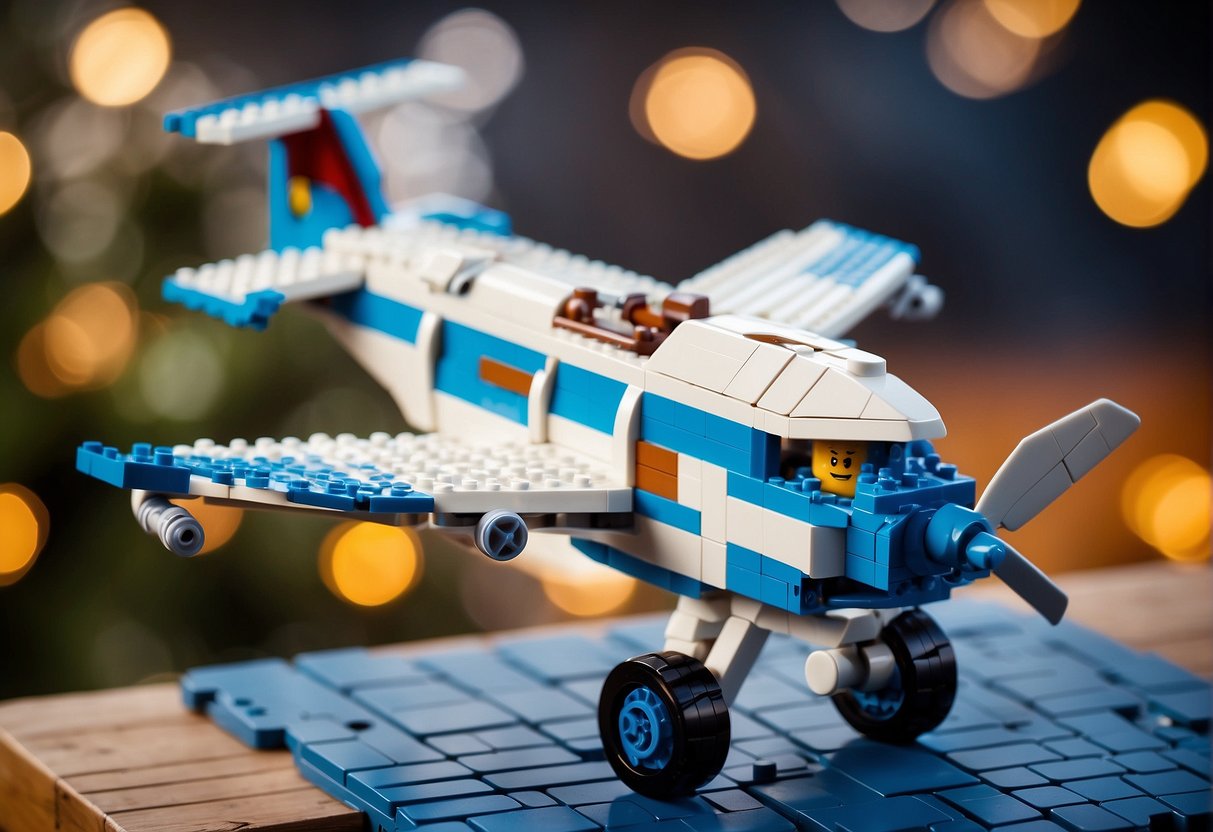 A Lego Fortnite plane taking shape with bricks and pieces, resembling the in-game design