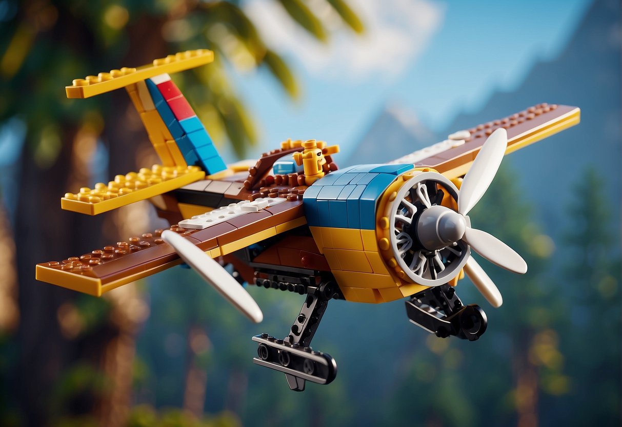 A Lego plane from Fortnite soars through the air, with wings and propellers in motion. The vibrant colors and intricate details bring the toy to life