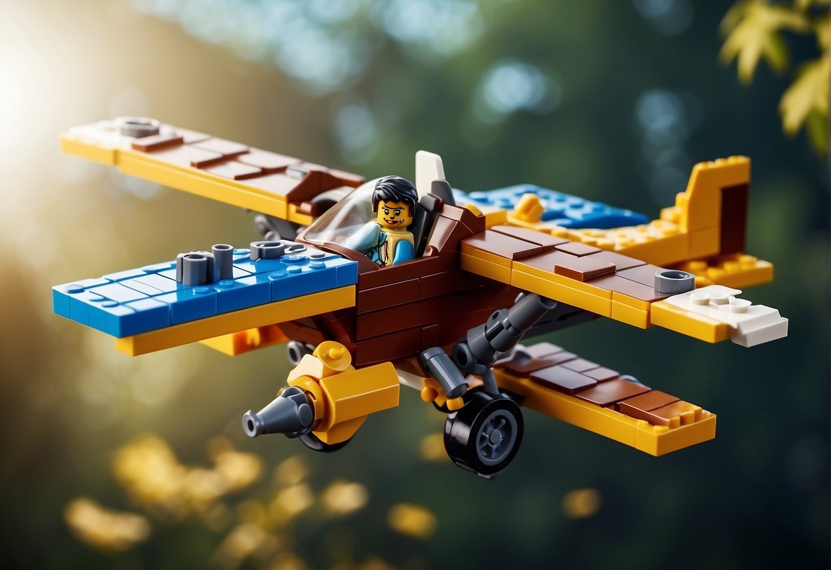 A Lego plane from Fortnite, with wings, propellers, and a sleek design, soaring through the sky with a sense of adventure and creativity