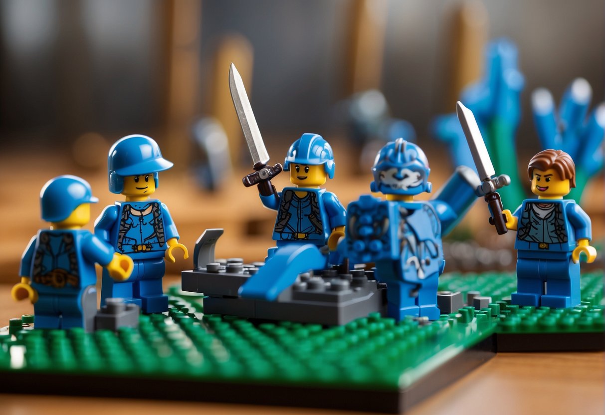 A hand placing blue sword Lego pieces to build Fortnite foundation