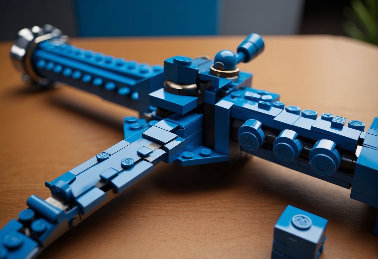 A blue sword being assembled from Lego pieces for a Fortnite scene