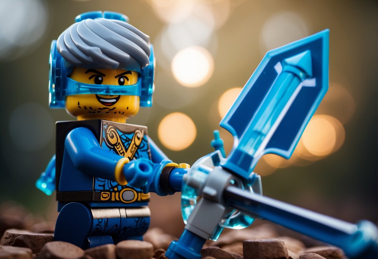 A blue sword made of Lego bricks, with Fortnite elements incorporated, being wielded in a dynamic and powerful manner