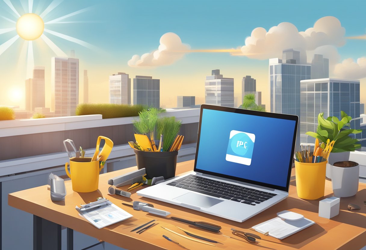 A rooftop with a PPC ad displayed on a laptop, surrounded by tools and materials. The sun is shining, signifying success and optimization in roofing advertising