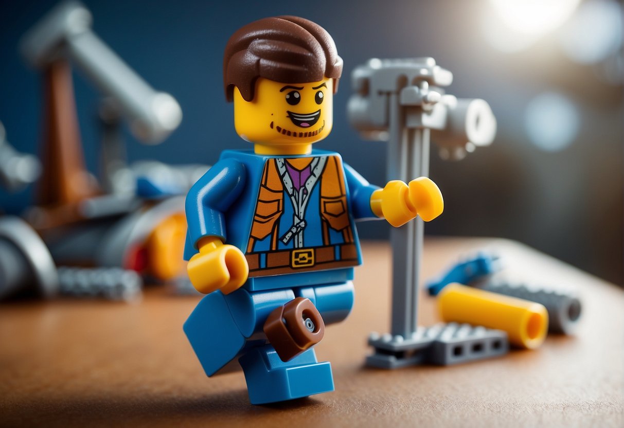 A Lego character constructs a Fortnite-inspired clothing item using fabric and sewing tools