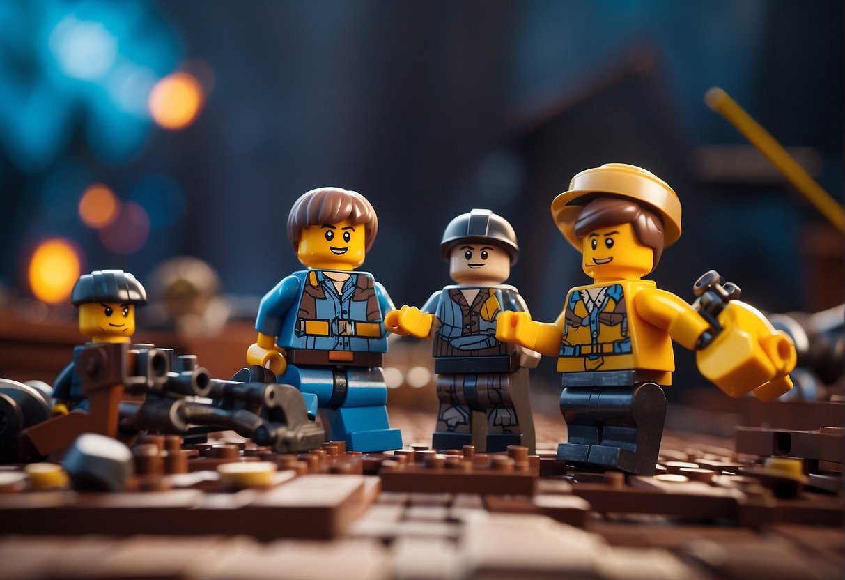 Lego figures using tools to construct clothing in a Fortnite-themed environment