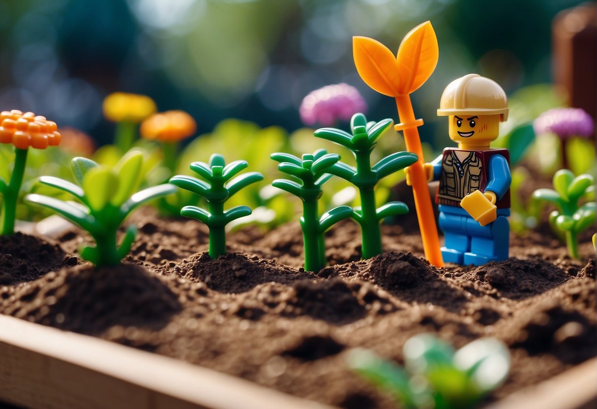 A colorful Lego garden with Fortnite-themed plants and soil, a small shovel, and a packet of Lego seeds ready to be planted