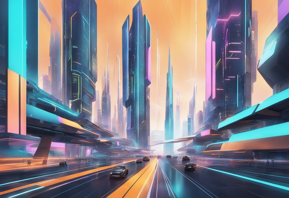 A computer-generated image of a futuristic cityscape, with sleek, geometric buildings and vibrant digital displays, showcasing the intersection of technology and creativity in AI art techniques