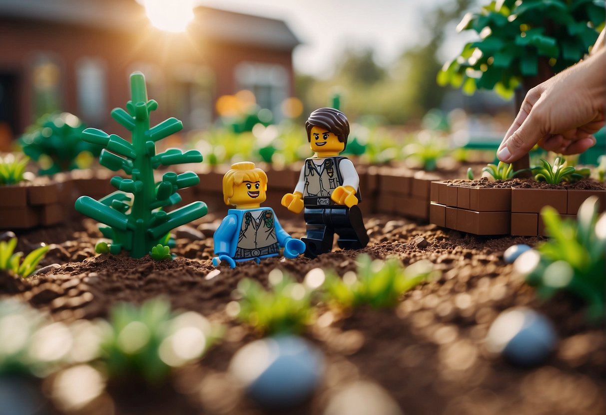 Lego Fortnite crops being planted and watered in a brick garden