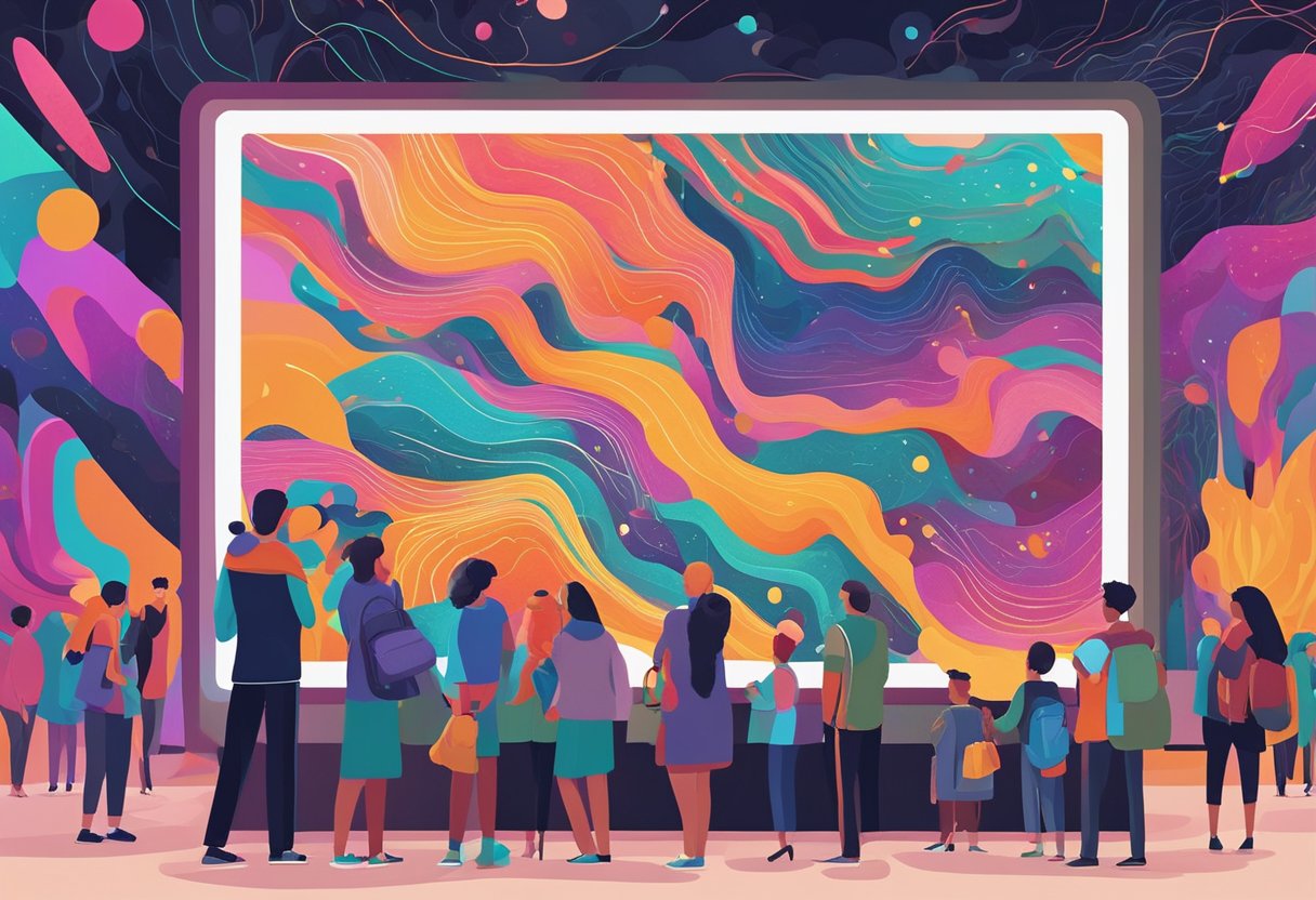 A colorful, abstract AI-generated artwork displayed on a large digital screen, surrounded by a group of curious onlookers. The vibrant, intricate patterns and unique textures of the piece captivate the viewers, sparking conversations about the future of creativity and the impact