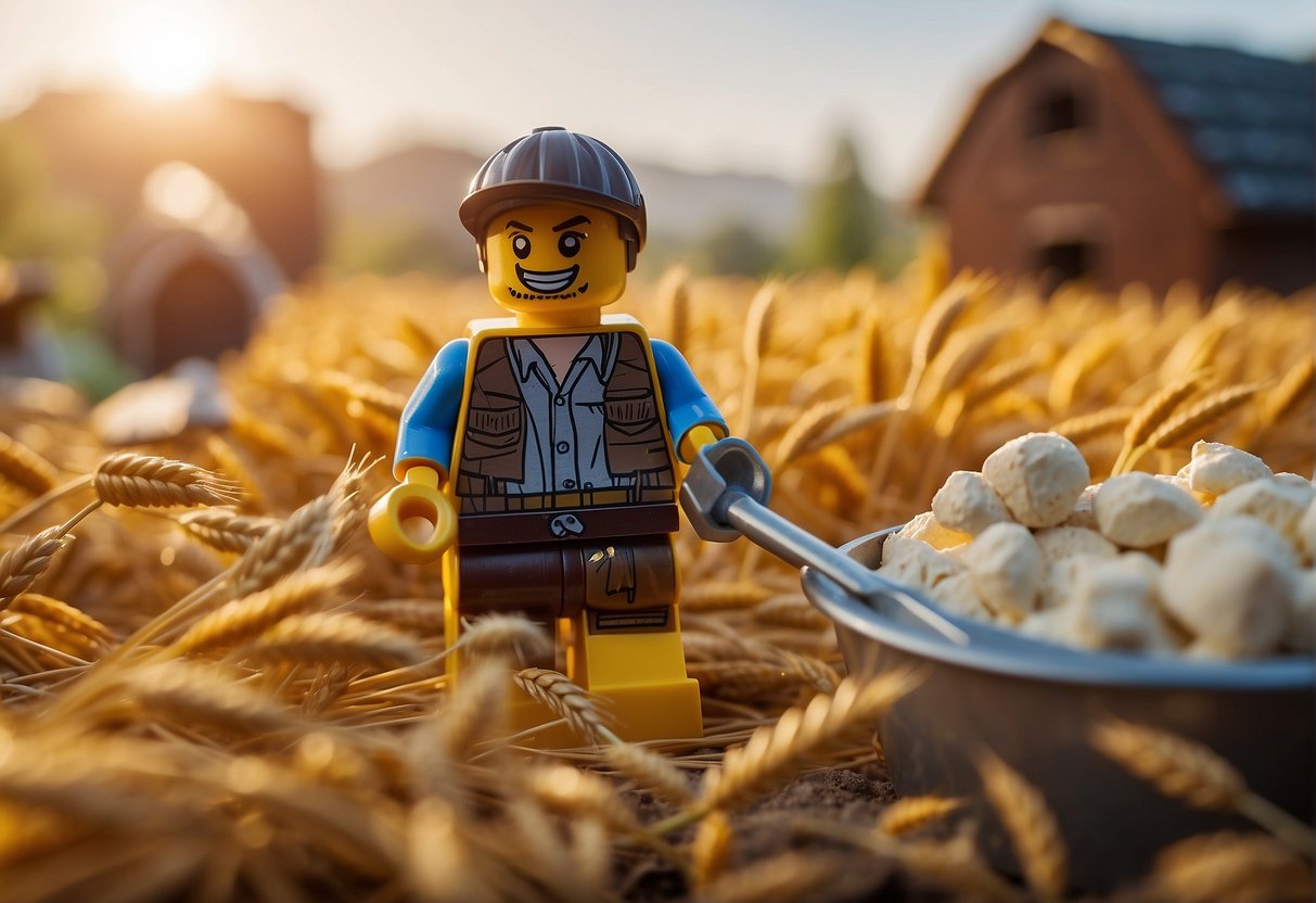 A Lego figure finds wheat and flour in a Fortnite-themed environment