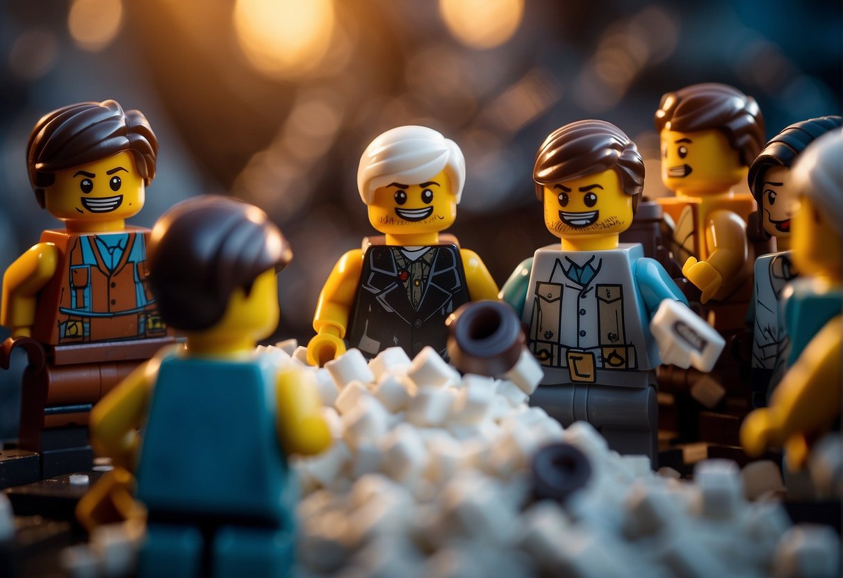 A group of lego characters gather around a large pile of flour, eagerly grabbing and looting the valuable ingredient in the midst of a chaotic and action-packed scene in the world of Lego Fortnite