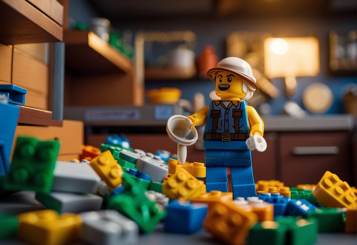 A character searches through a colorful Lego world, finding a bag of flour hidden in a kitchen cabinet in the Fortnite environment
