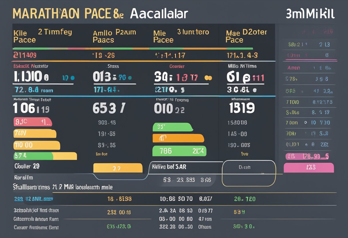 A marathon pace calculator chart is displayed, with various pace times and corresponding mile or kilometer splits
