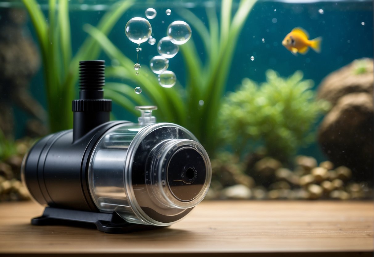 A Jebao RW-4 pump sits inside a fish tank, creating gentle ripples on the water's surface. The pump's sleek design and adjustable flow settings are visible, with bubbles forming from the water movement