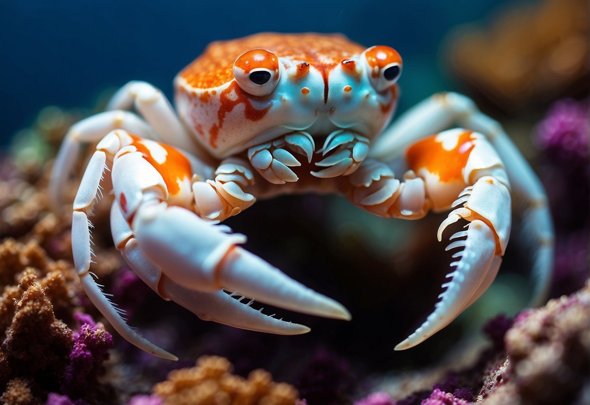 A porcelain crab perches on a vibrant reef, its delicate white shell contrasting with the colorful coral below