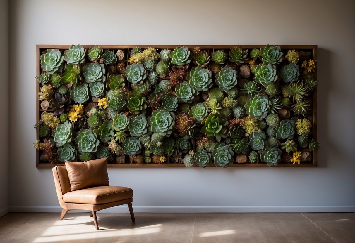 Vertical succulent wall: Wooden frame with rows of vibrant succulents arranged in a cascading pattern. Sunlight filters through the leaves, casting a beautiful shadow on the wall