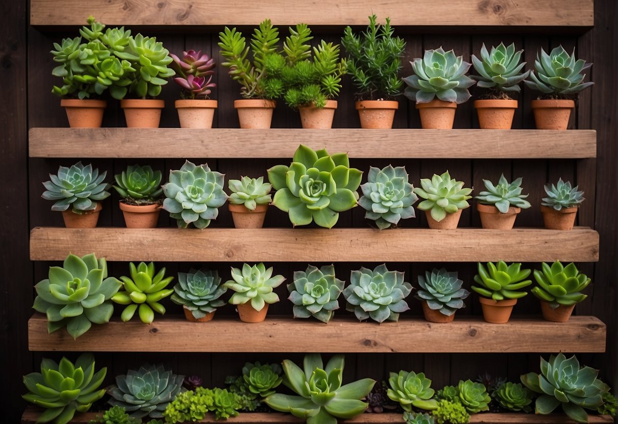 Lush green succulents arranged vertically on a wooden wall planter, creating a stunning living art piece