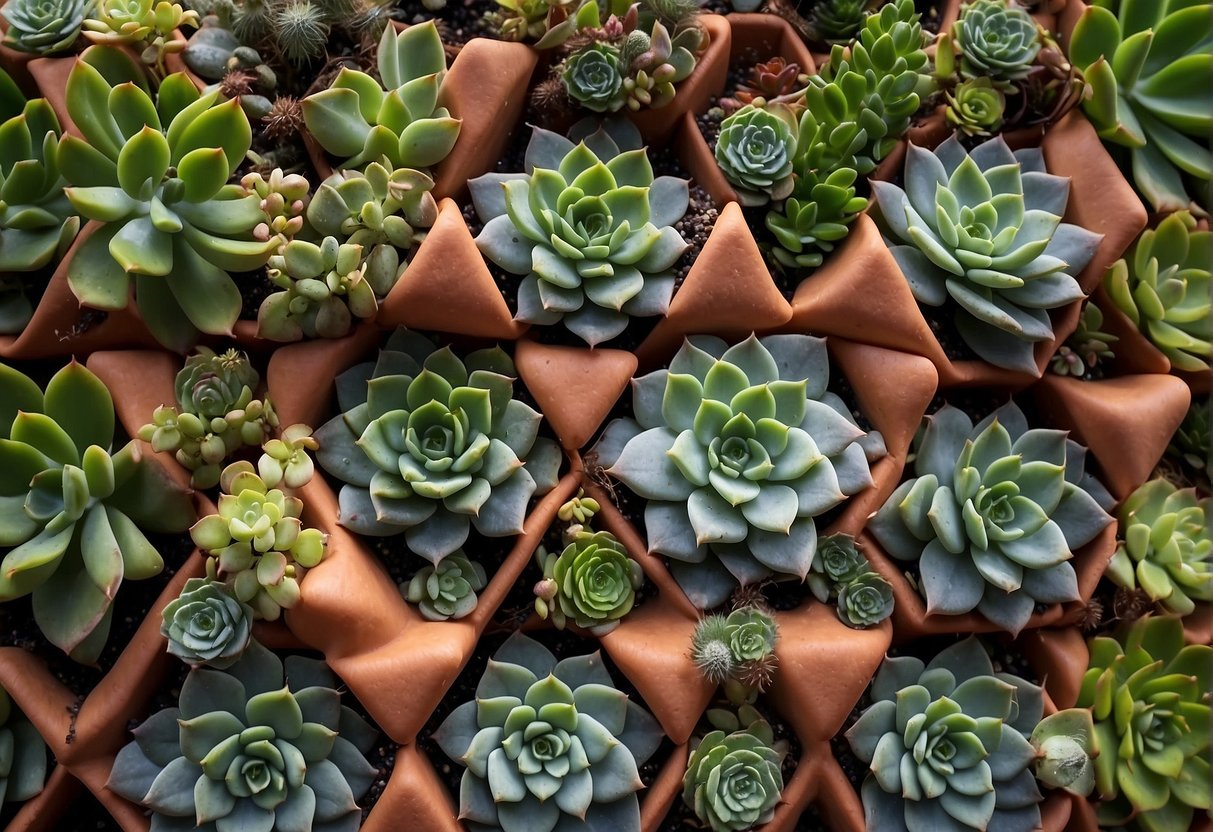 A vertical succulent wall with various succulent plants arranged in a visually appealing and stunning manner