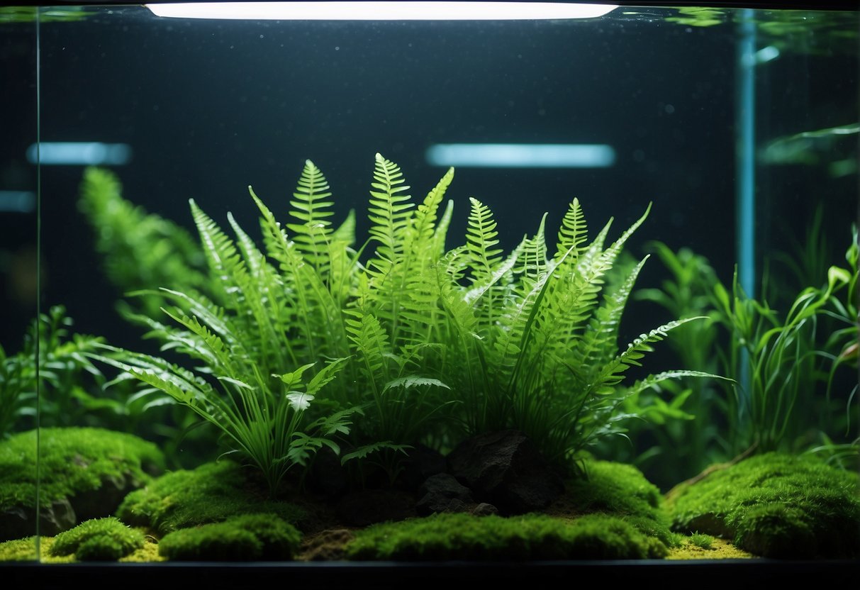 Lush green aquarium plants thrive under the gentle glow of LED lights, spreading their delicate leaves and vibrant colors in the underwater world