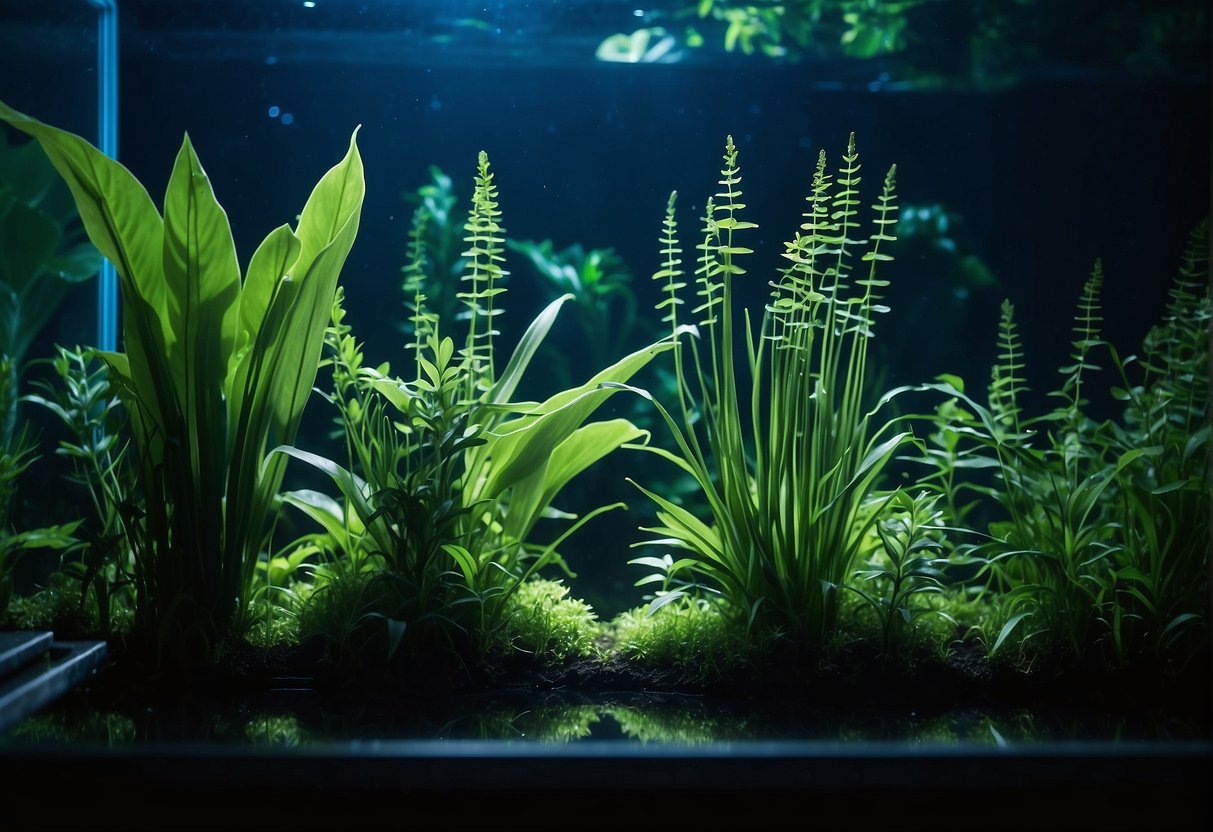Lush green aquatic plants thrive under the glow of LED lights, their vibrant leaves reaching towards the light source. The water shimmers with a blue hue, showcasing the symbiotic relationship between LED lighting and plant growth