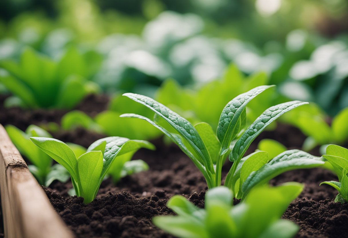 Lush green plants surrounded by natural materials like compost, manure, and plant-based nutrients, with vibrant blooms and healthy leaves