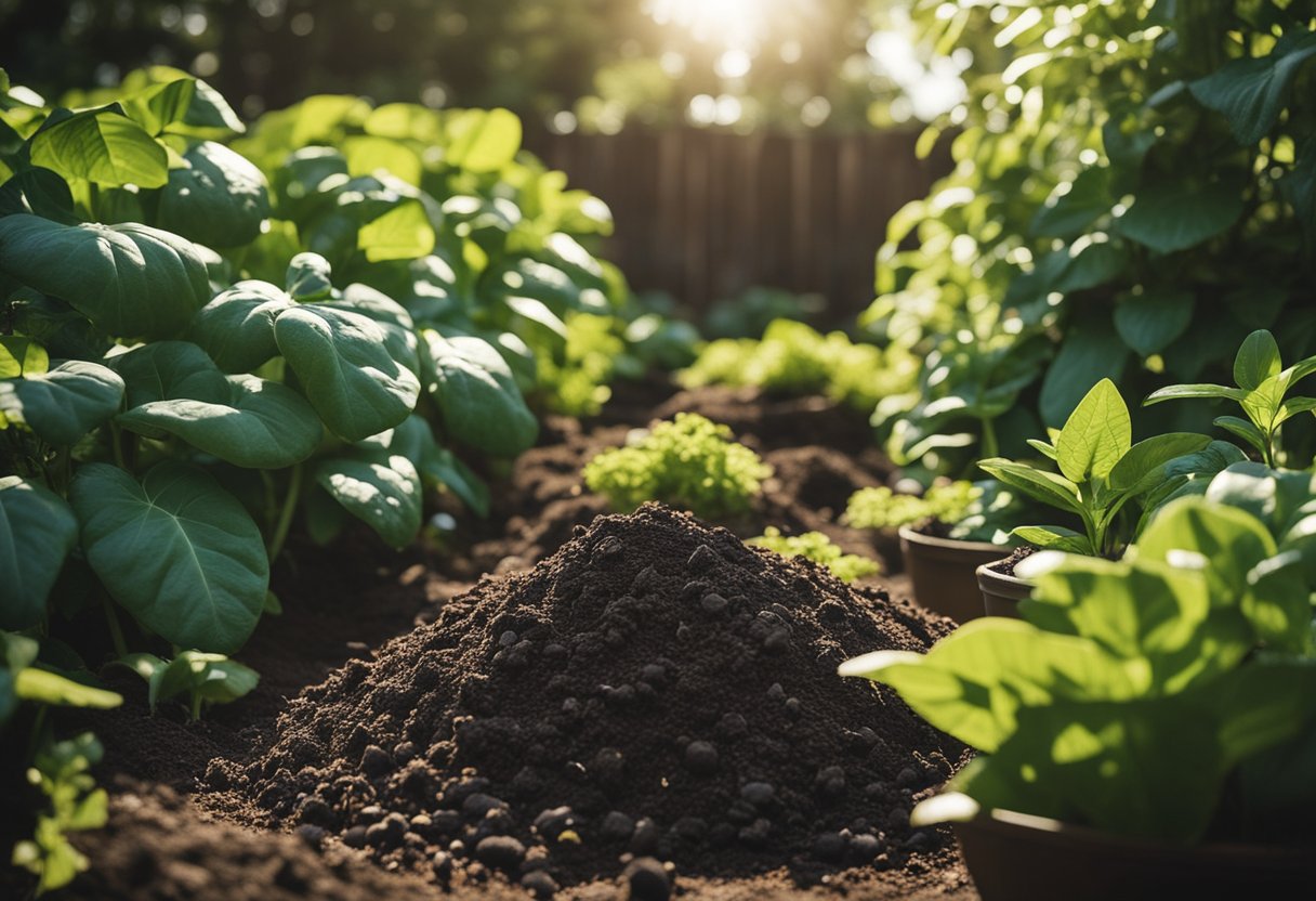 Lush garden with vibrant, healthy plants surrounded by natural compost piles and organic fertilizer bags. Sunlight filters through the leaves, showcasing the thriving ecosystem