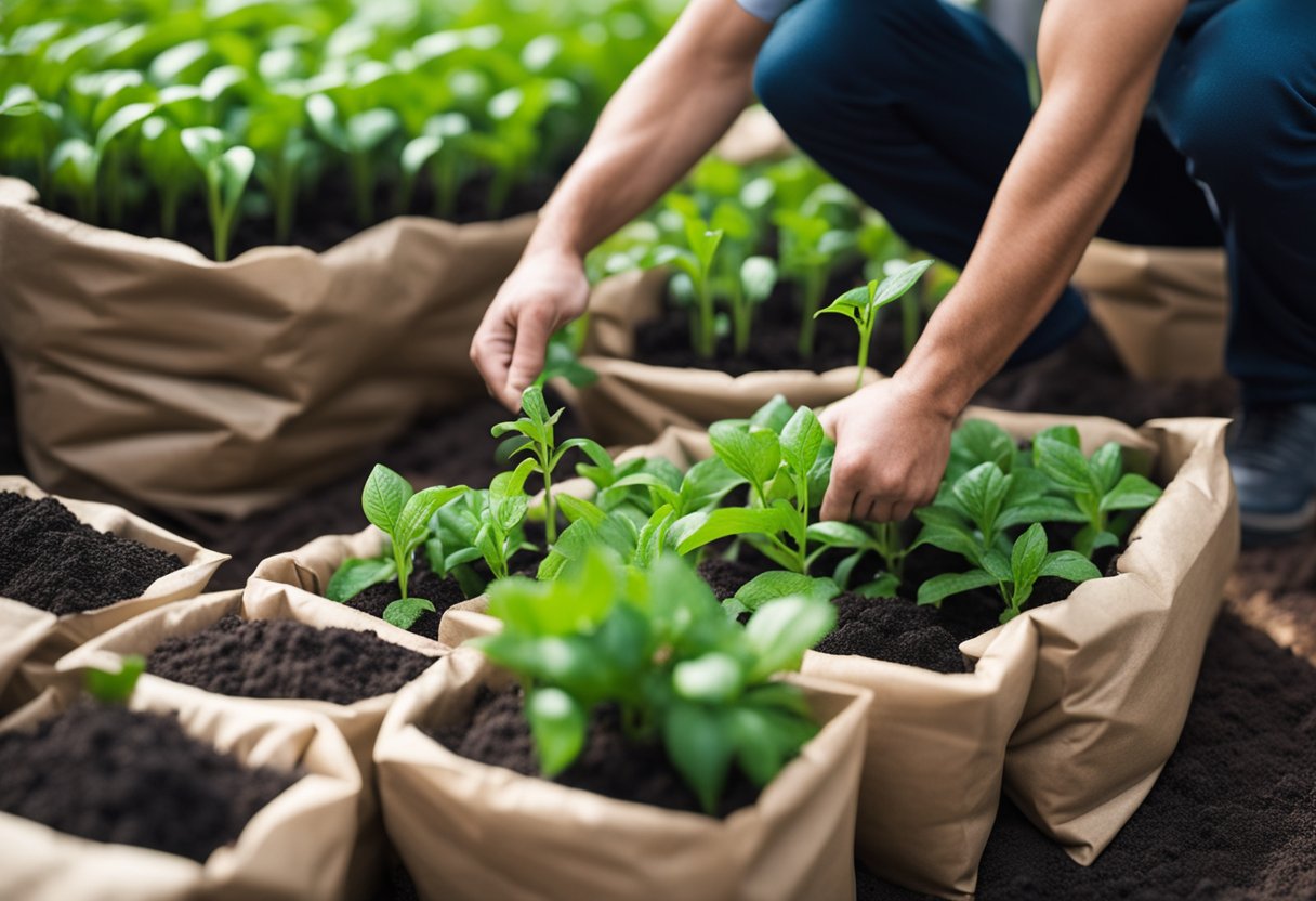 Lush green plants surrounded by bags of organic fertilizer, with a gardener sprinkling the fertilizer around the base of the plants