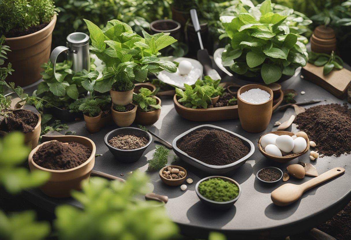 A garden table with various organic materials (compost, manure, eggshells) and gardening tools, surrounded by lush, thriving plants