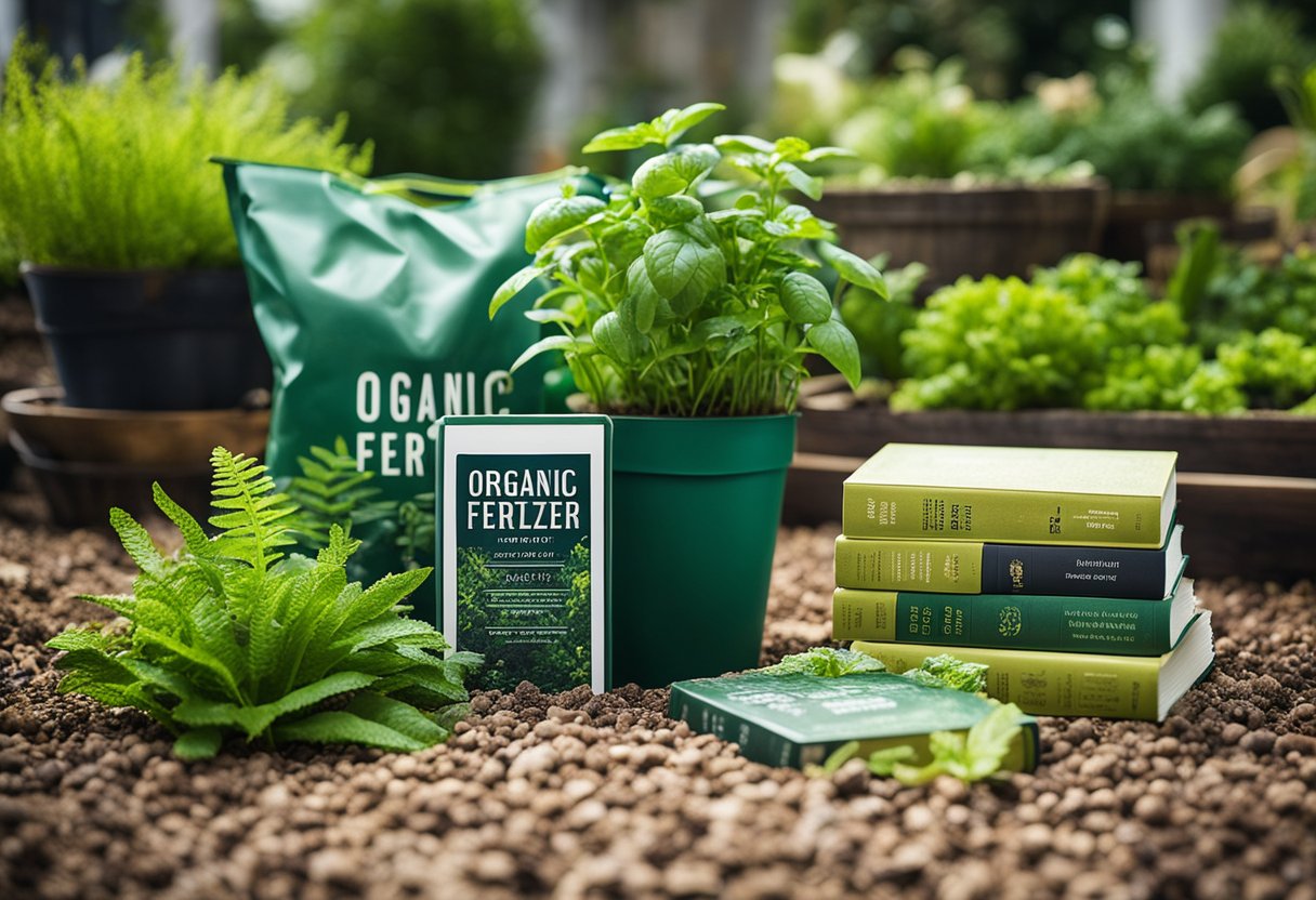 A lush garden with vibrant, healthy plants surrounded by bags of organic fertilizer and a book titled "Organic Fertilizer Secrets."