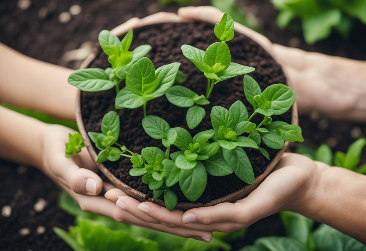 Lush green plants surrounded by natural fertilizer ingredients, such as compost, manure, and organic matter. A healthy, thriving garden with minimal environmental impact