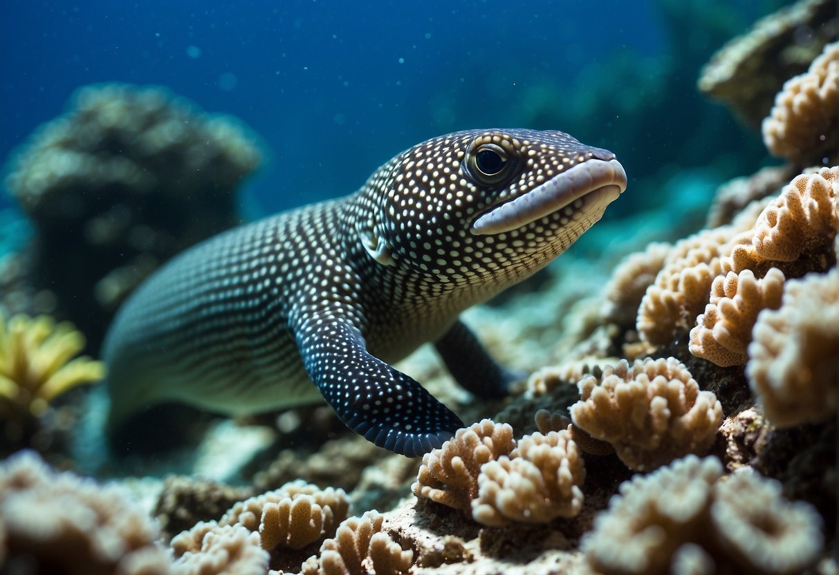 A chain link moray eel swims through a coral reef, its slender body undulating gracefully in the clear blue water