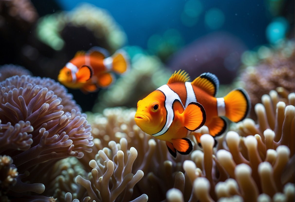 A 10-gallon tank filled with colorful clownfish swimming among vibrant coral and sea anemones